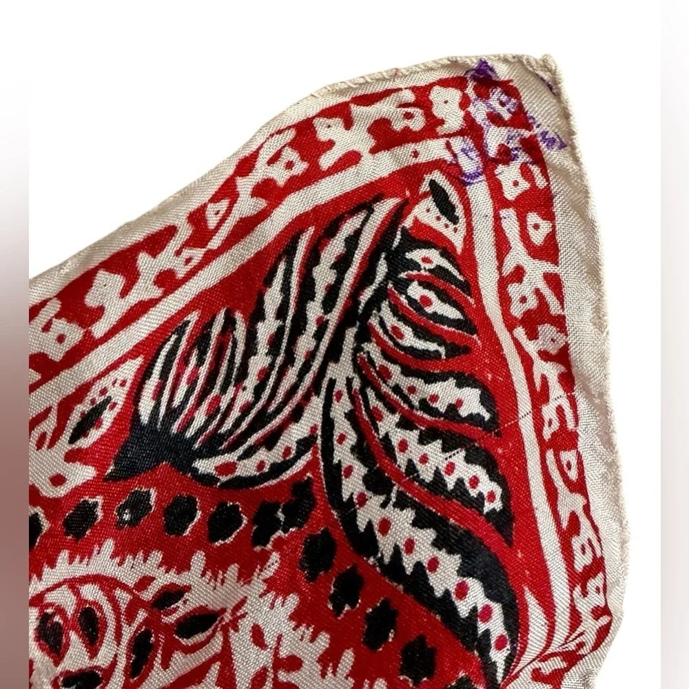Vintage Handwoven Pure Silk Pocket Square Scarf Red Bandana Print Made in India